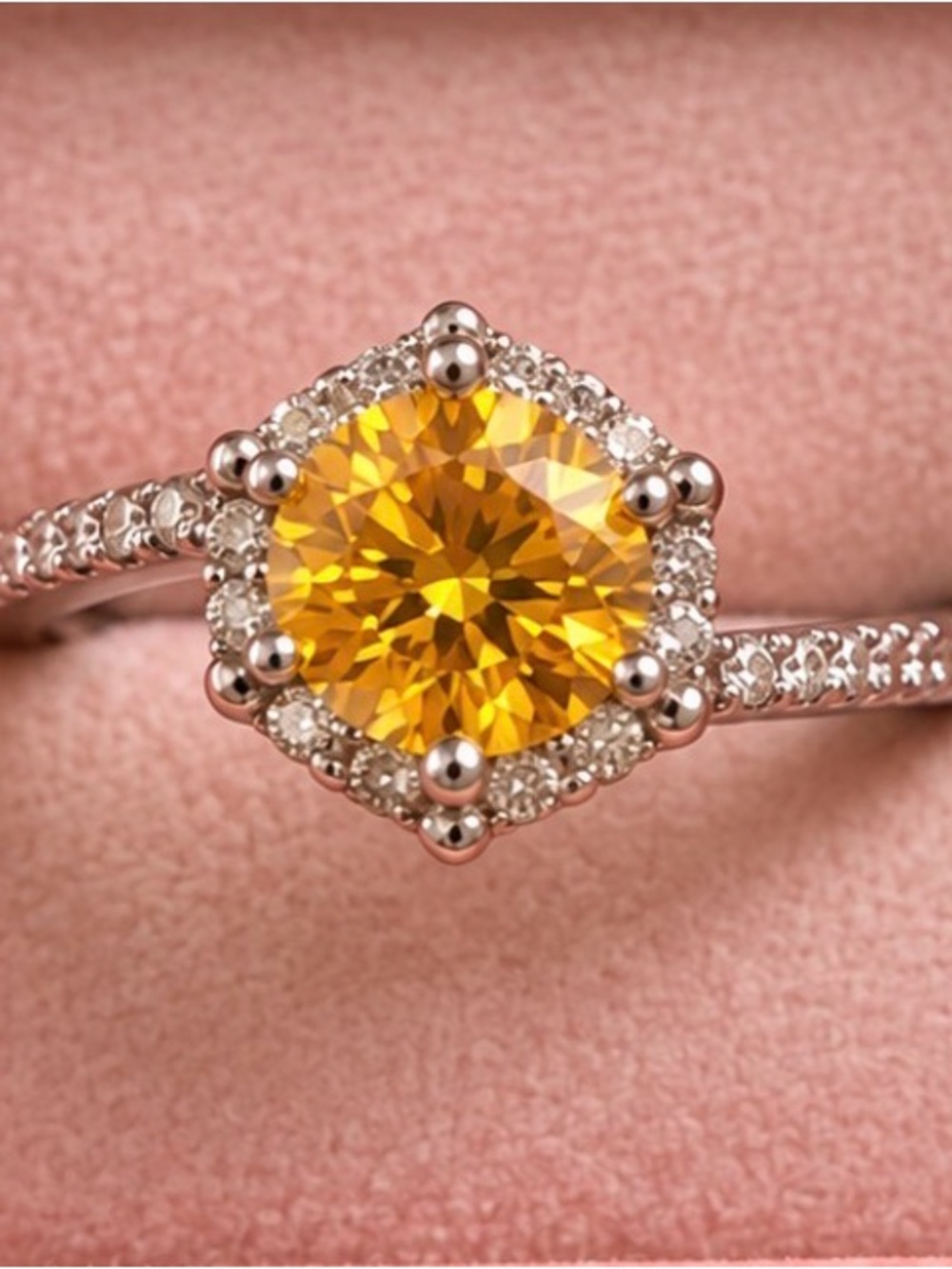 1 CT Yellow Moissanite Halo Ring – White Gold Plated – Adjustable